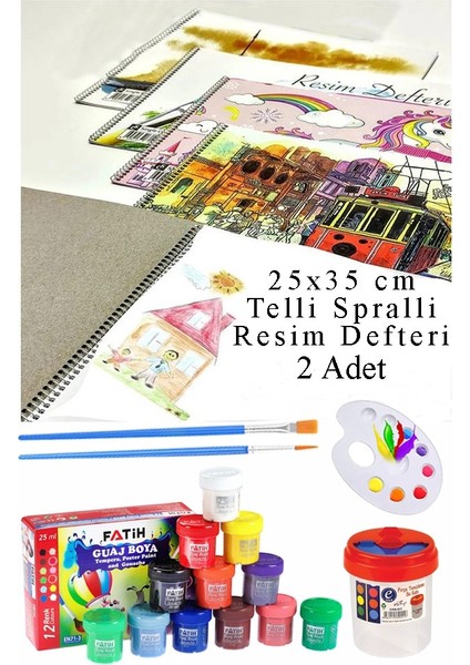 12 Renk Guaj Boya Fatih 25X35 cm Telli Spralli Resim Defteri Palet Resim Fırçası 15 Yaprak Guajboya Resim Defteri