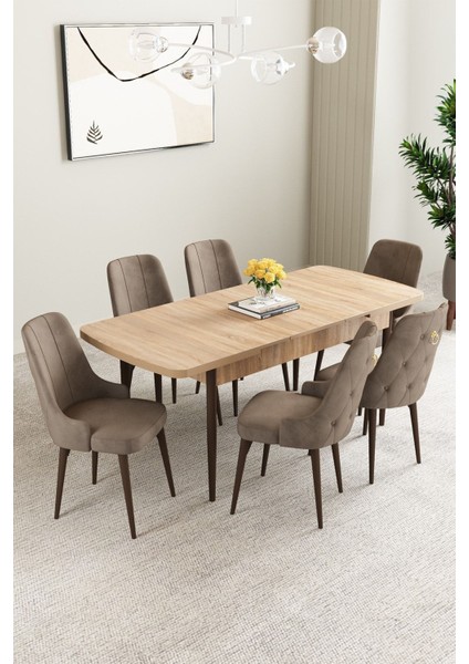 Mabel Meşe Desen 80X132 Açılabilir Mdf Masa Yemek Odası Takımı, Mutfak Takımı 6 Adet Sandalye fiyatları