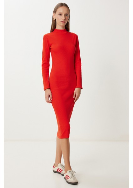 Basic Esnek Fitilli Örme Elbise LUB0174 Oranj