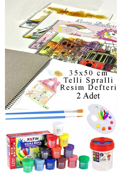 12 Renk Guaj Boya Fatih 35X50 cm Telli Spralli Resim Defteri Palet Resim Fırçası15 Yaprak Guajboya Resim Defteri