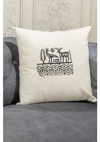 Etnik Hitit Desen El Baskısı Kırlent Kılıfı 2 Li 45X45 cm %100 Organik Hambez Kumaş