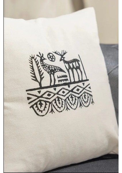 Etnik Hitit Desen El Baskısı Kırlent Kılıfı 2 Li 45X45 cm %100 Organik Hambez Kumaş fiyatları