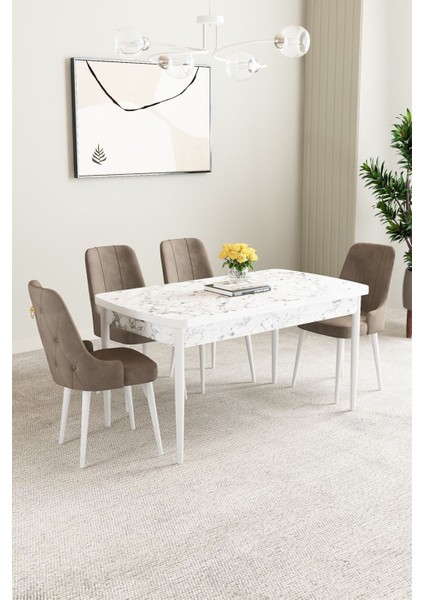 Mabel Beyaz Mermer Desen 80X132 Açılabilir Mdf Masa Yemek Odası Takımı,mutfak Takımı 4 Adet Sandalye
