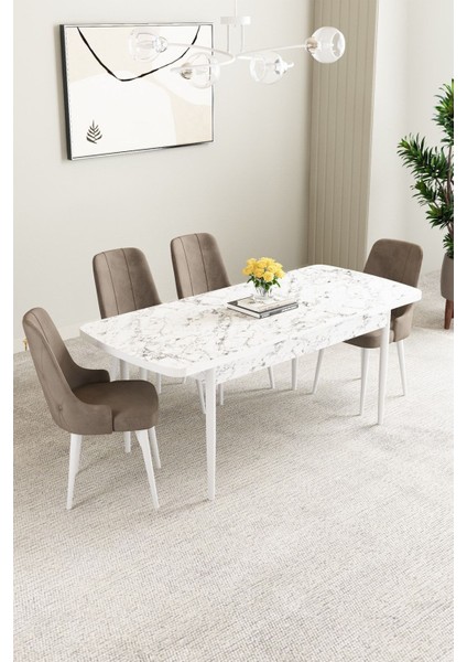 Mabel Beyaz Mermer Desen 80X132 Açılabilir Mdf Masa Yemek Odası Takımı,mutfak Takımı 4 Adet Sandalye fiyatları
