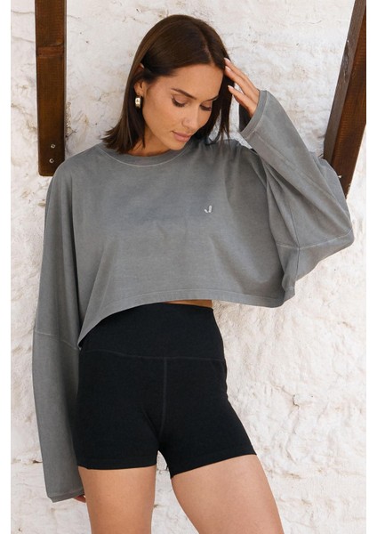 Aura Crop Long Sleeve T-Shirt Gri