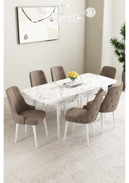 Mabel Beyaz Mermer Desen 80X132 Açılabilir Mdf Masa Yemek Odası Takımı,mutfak Takımı 6 Adet Sandalye fiyatları