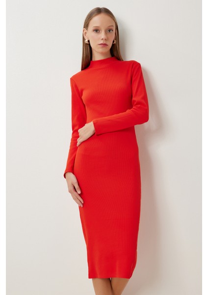 Basic Esnek Fitilli Örme Elbise LUB0174 Oranj modelleri