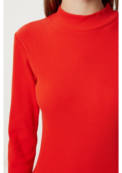 Basic Esnek Fitilli Örme Elbise LUB0174 Oranj indirimleri