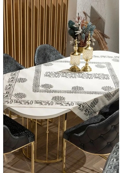 Hitit Desenli Etnik Masa Örtüsü (155X155 Cm) Keten Kumaş