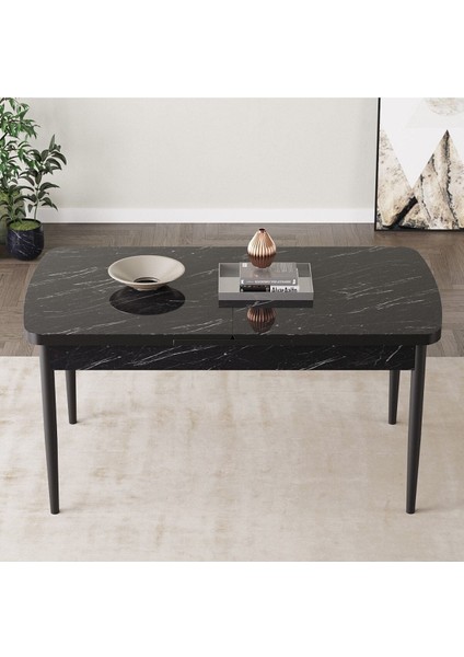 Mabel Siyah Mermer Desen 80X132 Açılabilir Mdf Masa Yemek Odası Takımı, Mutfak Takımı 4 Sandalye, 1 Bench fiyatları