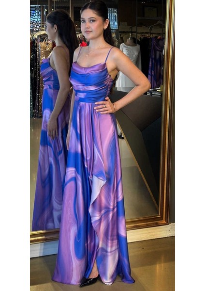 Lavanta İp Askılı Desenli Sırt Dekolteli Yırtmaçlı Kloş Etekli Saten Uzun Abiye Elbise 11082 fiyatları