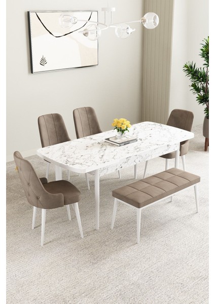 Mabel Beyaz Mermer 80X132 Açılabilir Mdf Masa Yemek Odası Takımı,mutfak Takımı 4 Sandalye, 1 Bench fiyatları
