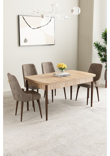 Mabel Meşe Desen 80X132 Açılabilir Mdf Masa Yemek Odası Takımı, Mutfak Takımı 4 Adet Sandalye