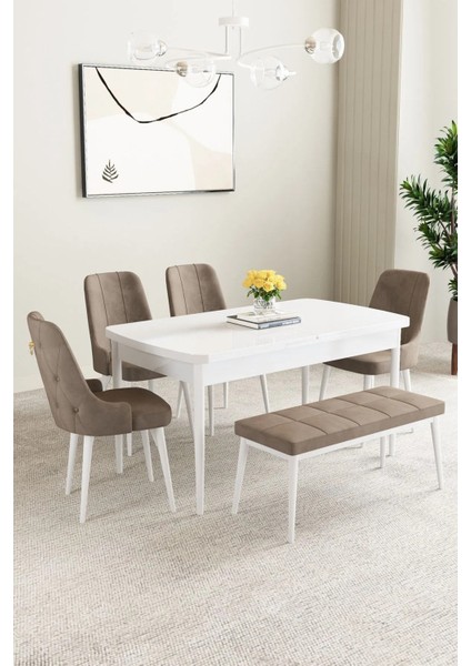 Mabel Beyaz 80X132 Açılabilir Mdf Masa Yemek Odası Takımı, Mutfak Takımı 4 Sandalye 1 Bench