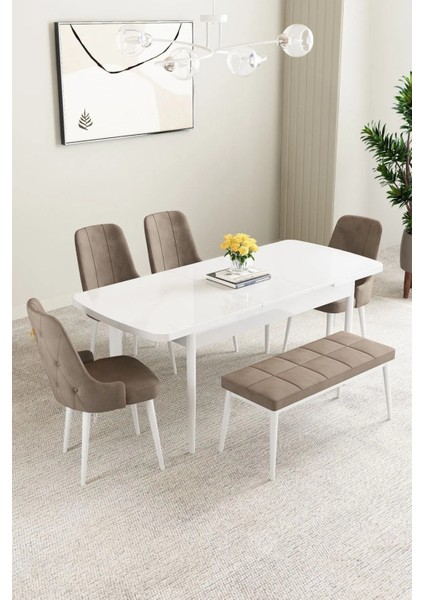 Mabel Beyaz 80X132 Açılabilir Mdf Masa Yemek Odası Takımı, Mutfak Takımı 4 Sandalye 1 Bench fiyatları