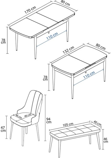 Mabel Beyaz 80X132 Açılabilir Mdf Masa Yemek Odası Takımı, Mutfak Takımı 4 Sandalye 1 Bench