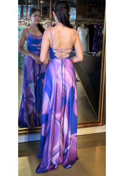 Lavanta İp Askılı Desenli Sırt Dekolteli Yırtmaçlı Kloş Etekli Saten Uzun Abiye Elbise 11082 indirimleri