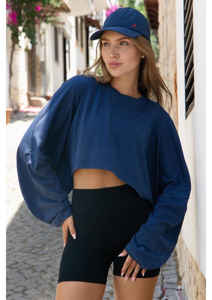 Aura Crop Long Sleeve T-Shirt Mavi
