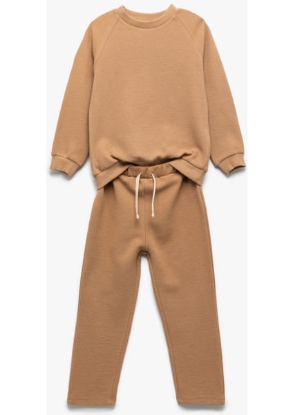 2'li Pamuklu Eşofman Takımı Bisiklet Yaka Uzun Kollu Üst ve Beli Bağcıklı Atlt