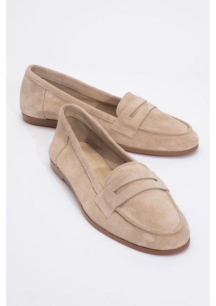 F02 Bej Süet Hakiki Deri Kadın Loafer Ayakkabı