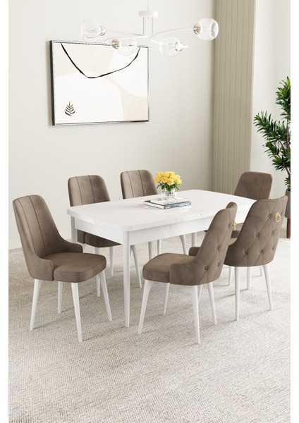 Mabel Beyaz 80X132 Açılabilir Mdf Masa Yemek Odası Takımı, Mutfak Takımı 6 Adet Sandalye