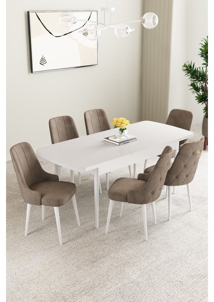 Mabel Beyaz 80X132 Açılabilir Mdf Masa Yemek Odası Takımı, Mutfak Takımı 6 Adet Sandalye fiyatları