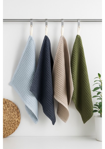Waffle Dokulu Pamuklu Mutfak & El Havlusu Kurulama Bezi 4'lü Set – Soft Renkler