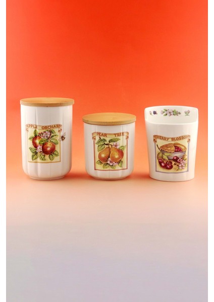 Pear Tree 3 Lü Ahşap Vakumlu Kapaklı Porselen Baharatlık & Kaşıklık fiyatları