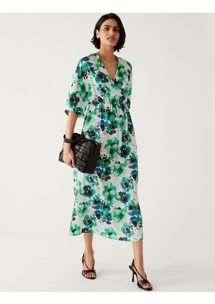 Çiçek Desenli Midi Elbise