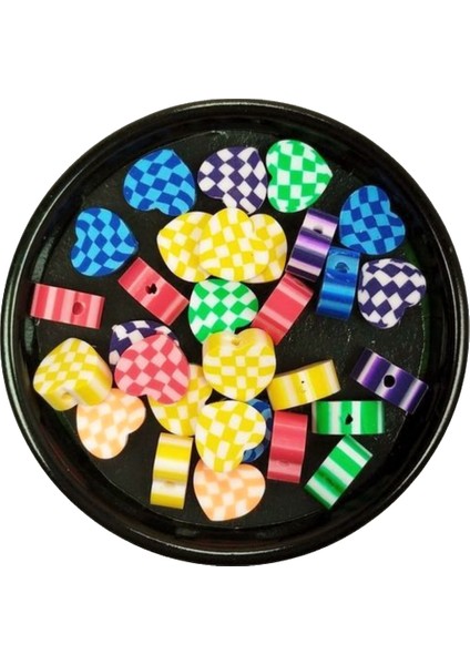 90 Adet 10 mm Polimer Kil Fimo Boncuk Takı Bileklik + 5 Metre Lastikli Misina - Desenli Kalp modelleri
