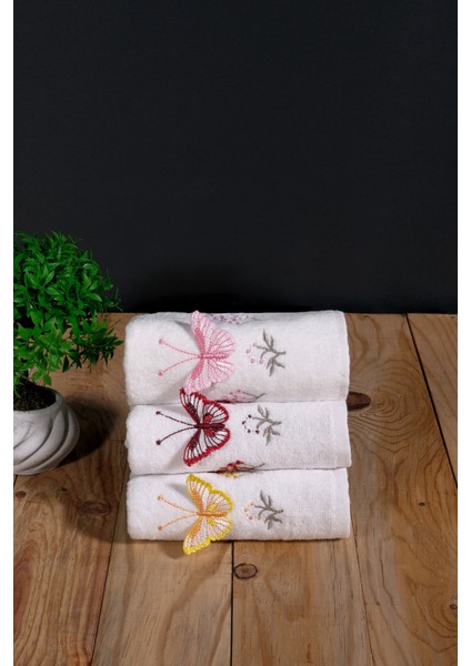 30X50 cm Güpür Kelebek Işlemeli 3lü Mutfak Havlusu | El Havlusu | Yüz Havlusu Seti