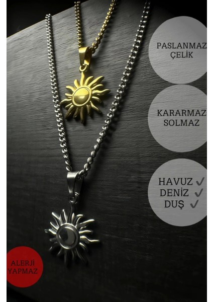 Güneş Charmlı Düz Model Çelik Zincir Çift Kolyesi | Eclipse Serisi