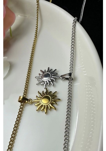 Güneş Charmlı Düz Model Çelik Zincir Çift Kolyesi | Eclipse Serisi modelleri