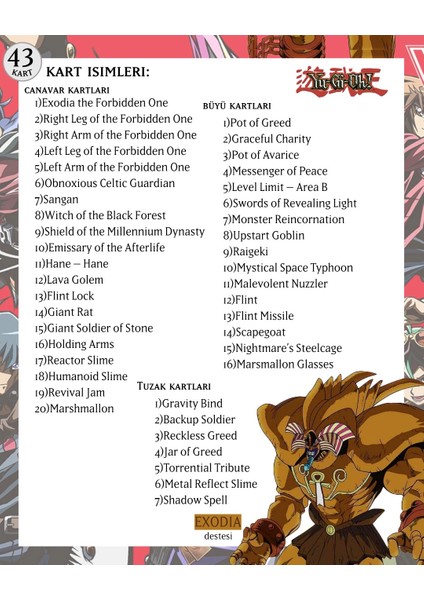 Yu-Gı-Oh! Ingilizce Yasak Olan Exodia Destesi 43 kart indirimleri