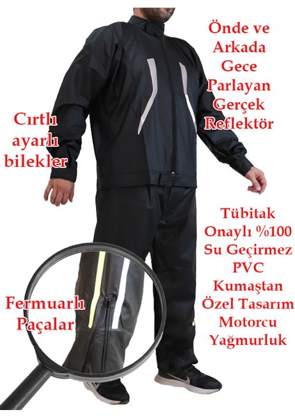 Motorcu Yağmurluk %100 Su Geçirmez Dikişsiz Ön Arka Çift Reflektör Fermuarlı Paçalar Sıcak Frekans Yapıştırma Özel Tasarım Garantili