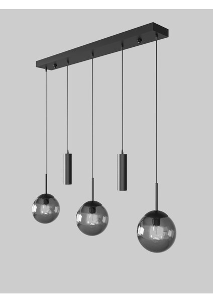 Nara Siyah Metal Gövdeli 5'li Modern Sıralı Sarkıt Avize- 2 Spot LED 3 Füme Cam Küre Avize fiyatları