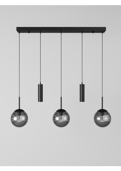 Nara Siyah Metal Gövdeli 5'li Modern Sıralı Sarkıt Avize- 2 Spot LED 3 Füme Cam Küre Avize modelleri