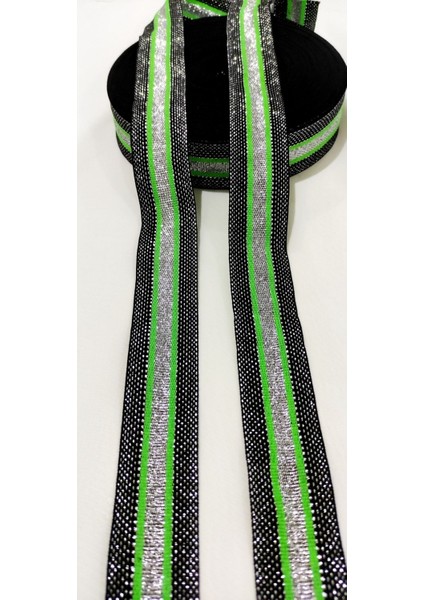 Siyah Gümüş Yeşil Simli Dar Dokuma Şerit
