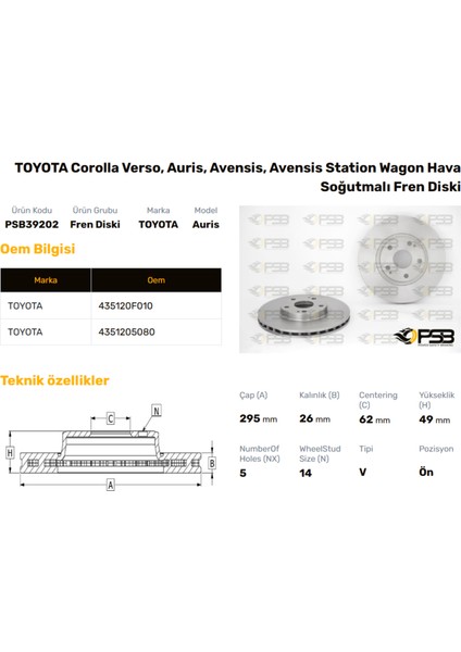 Fren Diski Ön 295MM Toyota Corolla Verso 2004-2009 Avensıs 2.0 D4D 2005-2008 Oem Kodu - 43512-0F010-PSB39202