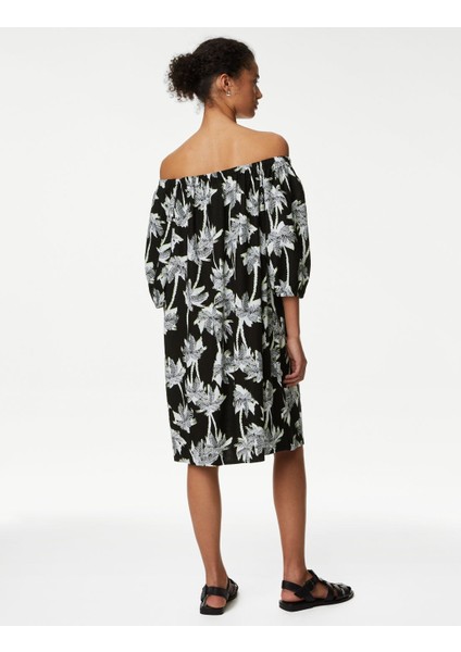 Palmiye Desenli Midi Keten Elbise fırsatları