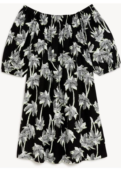 Palmiye Desenli Midi Keten Elbise