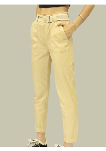 Kadın Bej Suni Deri Pantolon - Yüksek Bel, Cepli, Likralı ve Deri Görünümlü Pantolon Tayt fiyatları