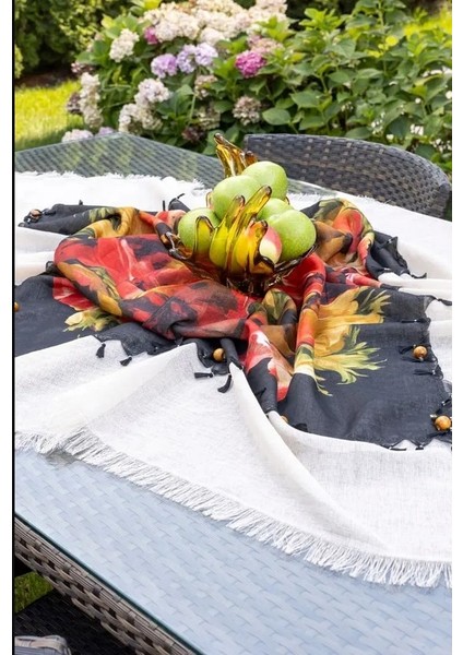 Desenli Krem Masa Örtüsü 150X150 cm Pamuk Keten fırsatları