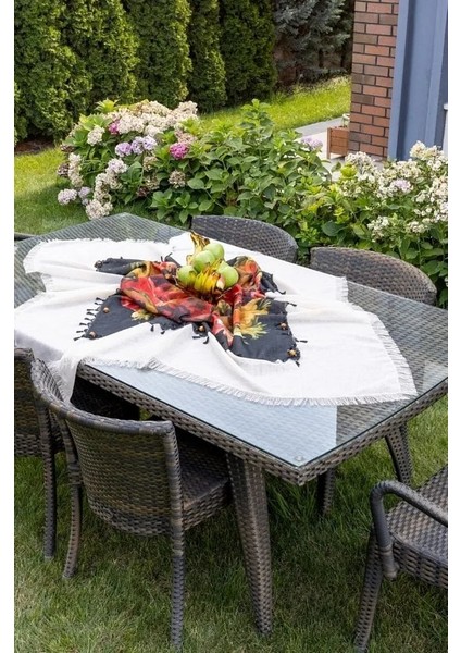 Desenli Krem Masa Örtüsü 150X150 cm Pamuk Keten indirimleri