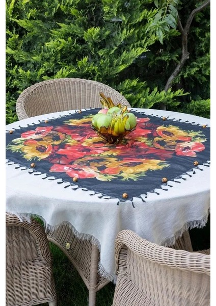 Desenli Krem Masa Örtüsü 150X150 cm Pamuk Keten