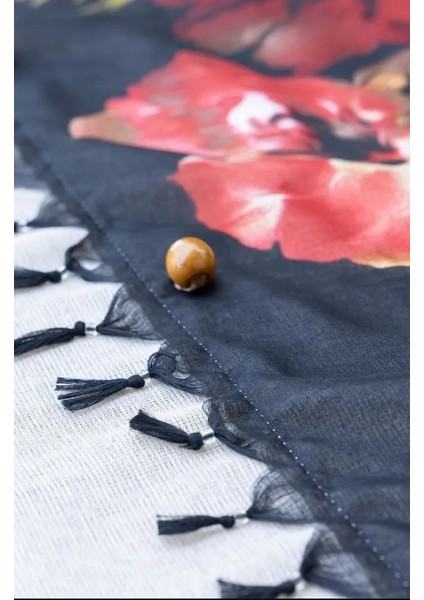 Desenli Krem Masa Örtüsü 150X150 cm Pamuk Keten