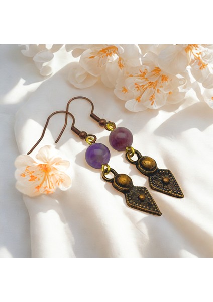 Ametist Doğal Taş Küpe 8mm – Kancalı Koyu Bakır Renk Zamak Kaplama Otantik Bohem Küpe 5cm