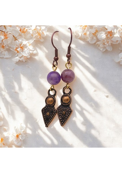 Ametist Doğal Taş Küpe 8mm – Kancalı Koyu Bakır Renk Zamak Kaplama Otantik Bohem Küpe 5cm fiyatları