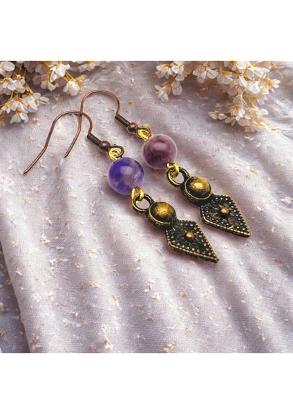 Ametist Doğal Taş Küpe 8mm – Kancalı Koyu Bakır Renk Zamak Kaplama Otantik Bohem Küpe 5cm fırsatları