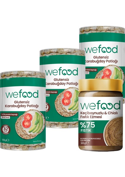 Keçiboynuzlu & Chialı Fıstık Ezmesi 300 G + Wefood Glutensiz Karabuğday Patlağı 100 gr 3'lü